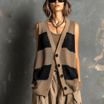 ElevenOra Chic Casual Camel-Black Colorblock V-Neck Single-Breasted Sleeveless Loose-Fit Mesh Knit Vest Top