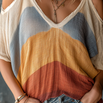 ElevenOra Chic Casual Multi-Color Stripe Cold Shoulder V-Neck Dolman Sleeve Oversize Cotton Linen Blend T-Shirt Top