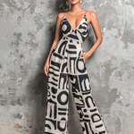ElevenOra Chic Elegant Off White Textured Chiffon Abstract Geometric Print Spaghetti Straps V-Neck Sleeveless Tailored-Waist Loose-Fit Wide-Leg  Ankle Jumpsuit