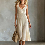 ElevenOra Chic Elegant Beige V-Neck Keyhole Cutout Detail Sleeveless Loose-Fit A-Line Mesh-Knit Midi Dress