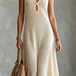 ElevenOra Chic Elegant Beige V-Neck Keyhole Cutout Detail Sleeveless Loose-Fit A-Line Mesh-Knit Midi Dress