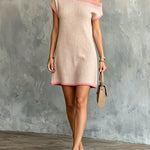 ElevenOra Chic Elegant Light Pink One-Shoulder Short-Sleeve Hot Pink Rib Trim Detail A-Line Knit Mini Dress