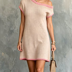 ElevenOra Chic Elegant Light Pink One-Shoulder Short-Sleeve Hot Pink Rib Trim Detail A-Line Knit Mini Dress