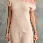 ElevenOra Chic Elegant Light Pink One-Shoulder Short-Sleeve Hot Pink Rib Trim Detail A-Line Knit Mini Dress