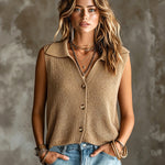 ElevenOra Chic Elegant Camel Lapel Collar Single-Breasted Sleeveless Rib Detail Mesh Knit Vest Top