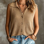 ElevenOra Chic Elegant Camel Lapel Collar Single-Breasted Sleeveless Rib Detail Mesh Knit Vest Top