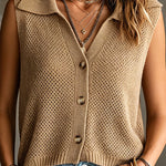 ElevenOra Chic Elegant Camel Lapel Collar Single-Breasted Sleeveless Rib Detail Mesh Knit Vest Top