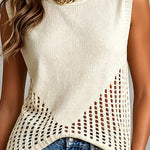 ElevenOra Chic Elegant Beige Round-Neck Sleeveless Hollow-Out Detail Loose-Fit Ribbed Knit Vest Top