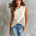 ElevenOra Chic Elegant Beige Round-Neck Sleeveless Hollow-Out Detail Loose-Fit Ribbed Knit Vest Top
