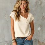 ElevenOra Chic Elegant Beige Cotton-Linen Blend Asymmetrical-Neck Cap-Sleeve Button Detail Loose-Fit Shirt