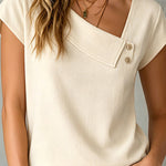ElevenOra Chic Elegant Beige Cotton-Linen Blend Asymmetrical-Neck Cap-Sleeve Button Detail Loose-Fit Shirt