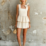 ElevenOra Chic Elegant Beige Cotton-Linen Blend Square-Neck Sleeveless Bow-Tie Detail Ruffled Hem A-Line Mini Dress