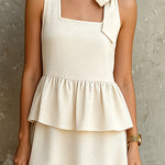 ElevenOra Chic Elegant Beige Cotton-Linen Blend Square-Neck Sleeveless Bow-Tie Detail Ruffled Hem A-Line Mini Dress