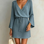 ElevenOra Chic Elegant Dark Blue Cotton-Linen Blend Wrapped V-Neck Long-Flared-Sleeve Tie-Waist A-Line Mini Dress