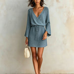ElevenOra Chic Elegant Dark Blue Cotton-Linen Blend Wrapped V-Neck Long-Flared-Sleeve Tie-Waist A-Line Mini Dress