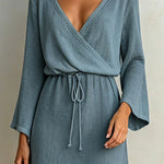 ElevenOra Chic Elegant Dark Blue Cotton-Linen Blend Wrapped V-Neck Long-Flared-Sleeve Tie-Waist A-Line Mini Dress