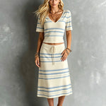 ElevenOra Chic Elegant Beige-Blue Stripes Cotton Blend V-Neck Short-Sleeve T-Shirt Drawstring Waist A-Line Midi Skirt Two-Piece Set