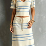 ElevenOra Chic Elegant Beige-Blue Stripes Cotton Blend V-Neck Short-Sleeve T-Shirt Drawstring Waist A-Line Midi Skirt Two-Piece Set