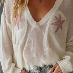 ElevenOra Chic Casual White Starfish Embroidery V-Neck Long Sleeves Loose-Fit Mesh Knit Sweater Top