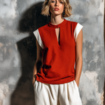 ElevenOra Chic Casual Red-White Colorblock Mandarin Stand Collar Button Keyhole Cap Sleeves Loose-Fit Slub Cotton Fabric Shirt