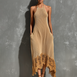 ElevenOra Chic Elegant Camel Halter Neck Asymmetrical Lace Hem  Sleeveless Loose-Fit A-Line Knit Midi Dress