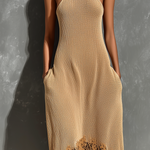 ElevenOra Chic Elegant Camel Halter Neck Asymmetrical Lace Hem  Sleeveless Loose-Fit A-Line Knit Midi Dress