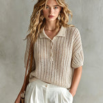 ElevenOra Chic Elegant Beige Button-Up Lapel-Collar Short-Sleeve Loose-Fit Hollow-Out Mesh Knit Sweater Top