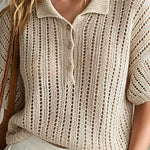 ElevenOra Chic Elegant Beige Button-Up Lapel-Collar Short-Sleeve Loose-Fit Hollow-Out Mesh Knit Sweater Top