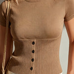ElevenOra Chic Elegant Camel Round-Neck Short-Sleeve Button-Front Slim-Fit Ribbed Knit Sweater Top