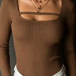 ElevenOra Chic Elegant Brown Square-Neck Long-Sleeve Strap Detail Slim-Fit Ribbed Knit Sweater Top