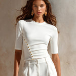 ElevenOra Chic Elegant Cream White Cotton Round-Neck Short-Sleeve Pleats Detail Button-Front Slim-Fit T-Shirt