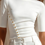 ElevenOra Chic Elegant Cream White Cotton Round-Neck Short-Sleeve Pleats Detail Button-Front Slim-Fit T-Shirt