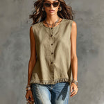 ElevenOra Chic Elegant Army Green Cotton-Linen Blend Round-Neck Single-Breasted Sleeveless Fringe Detail Loose-Fit Shirt