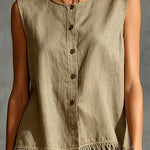 ElevenOra Chic Elegant Army Green Cotton-Linen Blend Round-Neck Single-Breasted Sleeveless Fringe Detail Loose-Fit Shirt