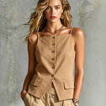 ElevenOra Chic Elegant Camel Cotton-Linen Blend Spaghetti Straps Single-Breasted Sleeveless Slim-Fit Vest Top
