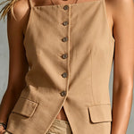 ElevenOra Chic Elegant Camel Cotton-Linen Blend Spaghetti Straps Single-Breasted Sleeveless Slim-Fit Vest Top
