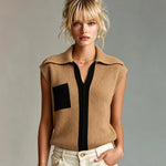 ElevenOra Chic Elegant Camel-Black Colorblock Lapel V-Neck Sleeveless Loose-Fit Ribbed Knit Vest Top