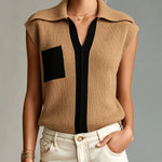 ElevenOra Chic Elegant Camel-Black Colorblock Lapel V-Neck Sleeveless Loose-Fit Ribbed Knit Vest Top