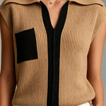 ElevenOra Chic Elegant Camel-Black Colorblock Lapel V-Neck Sleeveless Loose-Fit Ribbed Knit Vest Top