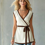 ElevenOra Chic Elegant Cream White Wrapped V-Neck Sleeveless Tie-Waist Loose-Fit Contrast Trim Knit Vest Top