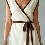 ElevenOra Chic Elegant Cream White Wrapped V-Neck Sleeveless Tie-Waist Loose-Fit Contrast Trim Knit Vest Top