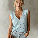 ElevenOra Chic Elegant Light Blue Argyle Pattern Jacquard V-Neck Sleeveless Loose-Fit Knit Vest Top