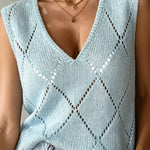 ElevenOra Chic Elegant Light Blue Argyle Pattern Jacquard V-Neck Sleeveless Loose-Fit Knit Vest Top