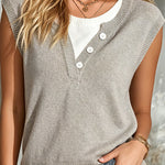 ElevenOra Chic Elegant Gray-White Colorblock Round V-Neck Button-Front Sleeveless Loose-Fit Knit Vest Top