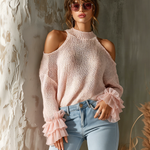 ElevenOra Chic Casual Pink Mock Neck Cold Shoulder Ruffle Sleeves Loose-Fit Mesh Knit Sweater Top