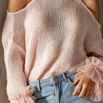 ElevenOra Chic Casual Pink Mock Neck Cold Shoulder Ruffle Sleeves Loose-Fit Mesh Knit Sweater Top