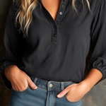 ElevenOra Chic Casual Black Stand Collar Button-Up Three-Quarter Bubble Sleeves Loose-Fit Cotton Fabric Shirt