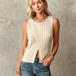 ElevenOra Chic Elegant Beige Round-Neck Sleeveless Cross-Front Slit Detail Loose-Fit Ribbed Knit Vest Top
