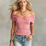ElevenOra Chic Elegant Pink Off-The-Shoulder Short-Sleeve Slim-Fit Knit Sweater Top