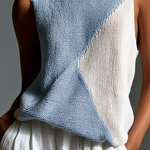 ElevenOra Chic Casual Blue-White Colorblock Round-Neck Sleeveless Loose-Fit Knit Vest Top